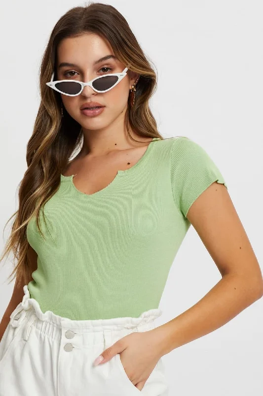 Women's Versatile Apparel Green Notched Neck Cap Sleeve Knit Top