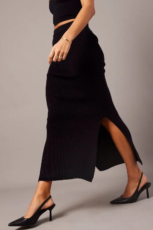 Holiday Special Offers Black Knit Skirt Front Split High Rise