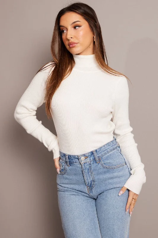 Colorful Clothing White Knit Top Long Sleeve High Neck