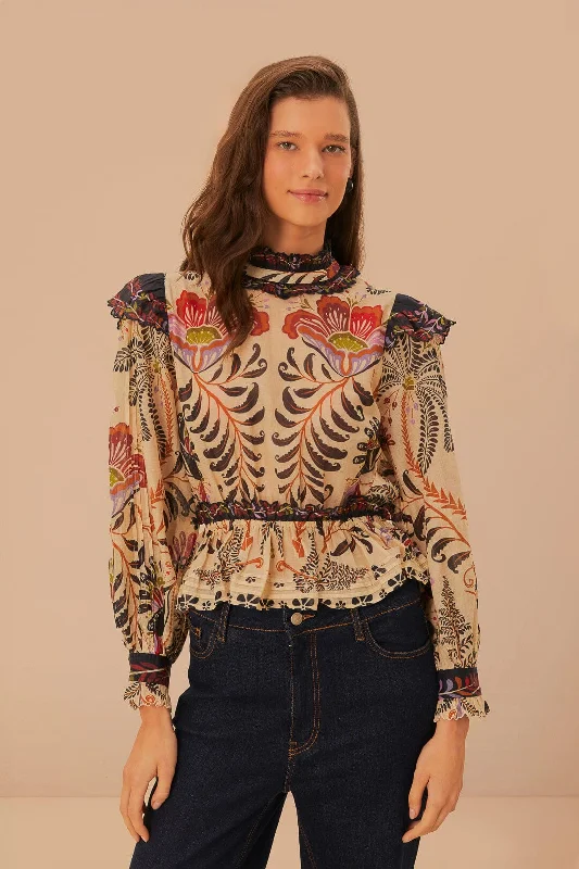 Trend Alert Classic Nature Sand Ruffled Long Sleeve Blouse