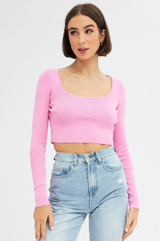 Casual Apparel For Women Pink Knit Top Long Sleeve Crop