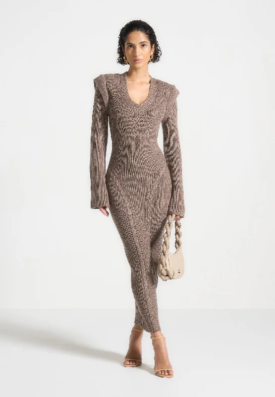 Women's Work Outfit For The Office Wide Shoulder Knitted Midaxi Dress - Taupe