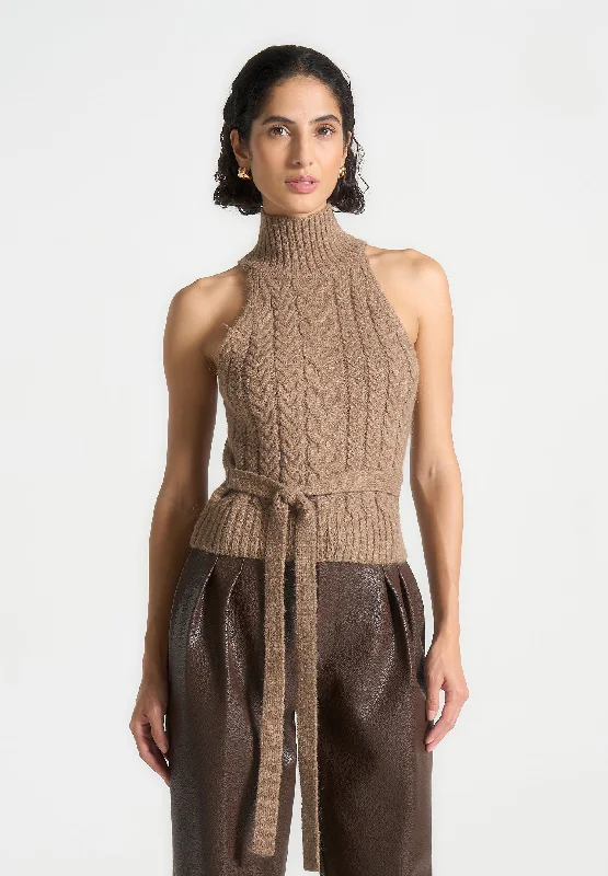 Timeless Women's Outfit Halter Cable Knit Wool Top with Tie - Taupe