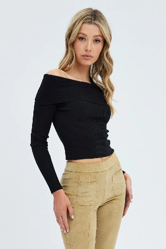 Bold Fashion Black Knit Top Off The Shoulder Ribbed