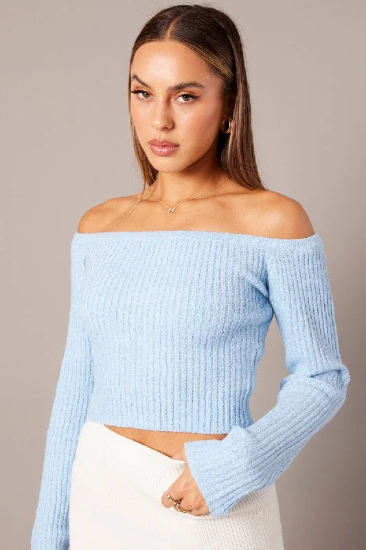 Luxury Fashion Blue Knit Top Long Sleeve Off Shoulder