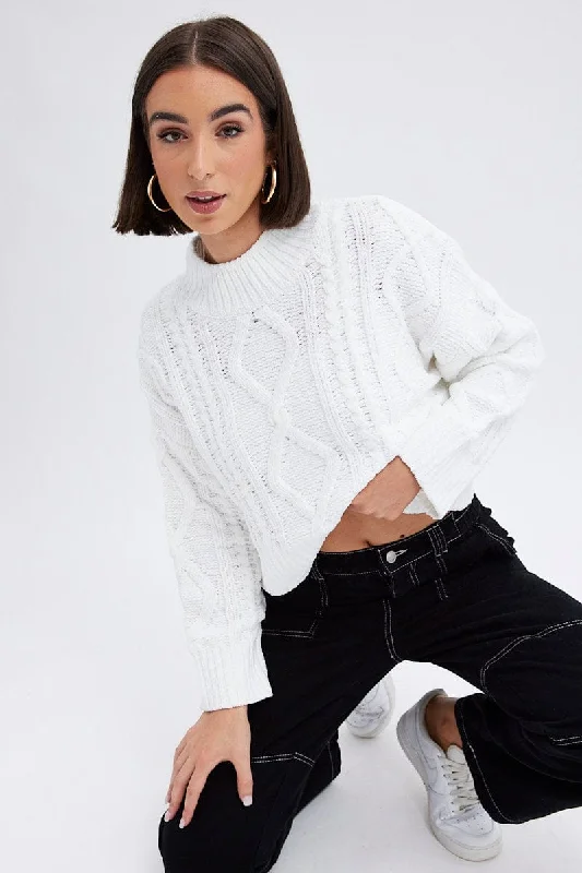 Comfortable Garments For Women White Cable Knit Jumper Long Sleeve