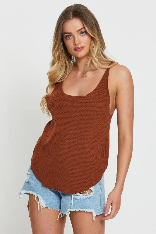 Women's Transitional Garments Brown Knit Top V-Neck