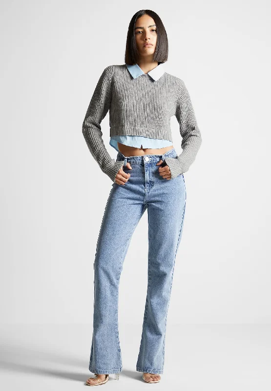 Women's Chic Outerwear Outfit Knitted Jumper with Shirt Detail - Blue/Grey