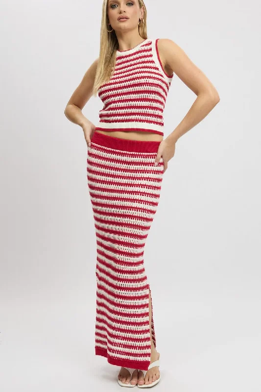 Women's Plus-Size Garments Red Stripe Crochet Knit Skirt Elastic Waist Midi Lined