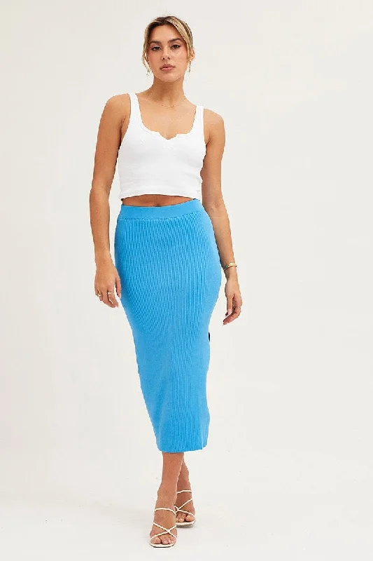 Plus Size Women Wear Blue Elastic Waist Side Split Knit Midi Skirt