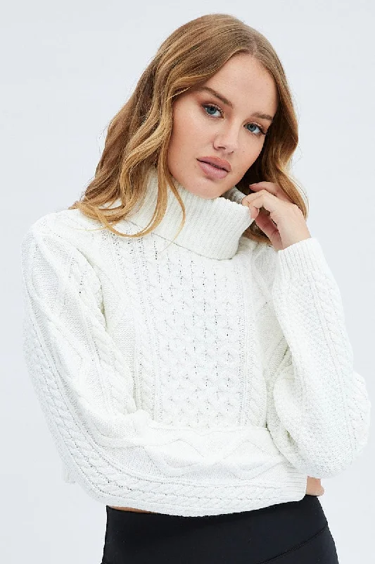 Women's Plus-Size Attire White Cable Knit Jumper Turtle Neck