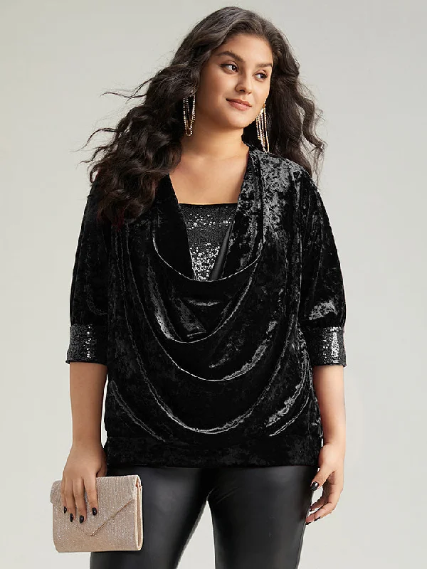 Women's Evening Garments Cowl Neck 2-In-1 Sequin Patchwork Blouse