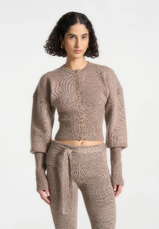 Women's Plus-Size Casual Outfit Knitted Cinch Waist Cardigan - Taupe