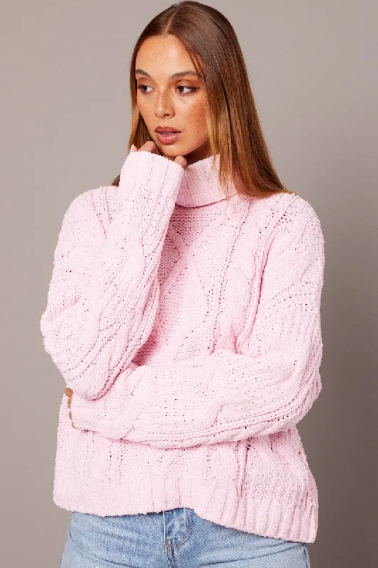 Women's Holiday Attire Pink Cable Knit Jumper High Neck