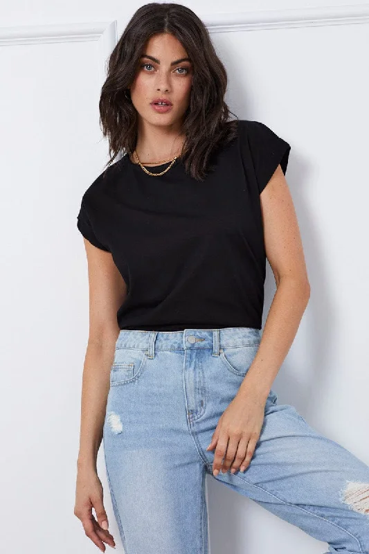 Women's Tailored Outfit Black T Shirt Short Sleeve Crew Neck