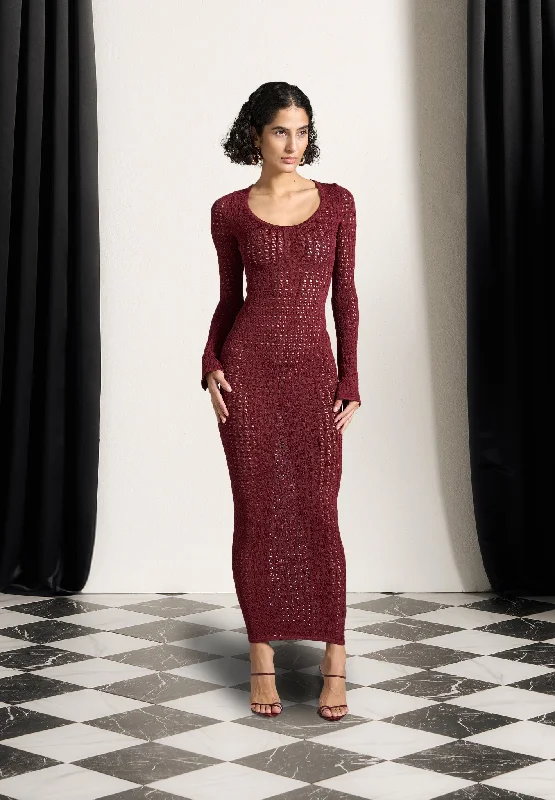 Women's Seasonal Attire Knitted Scoop Neck Maxi Dress - Wine Red