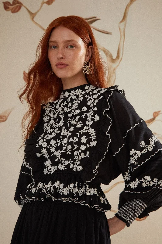 Evening Looks Black Embroidered Ruffle Longe Sleeve Blouse