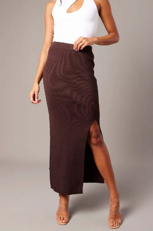 New Arrival Discounts Brown Knit Skirt Front Split High Rise