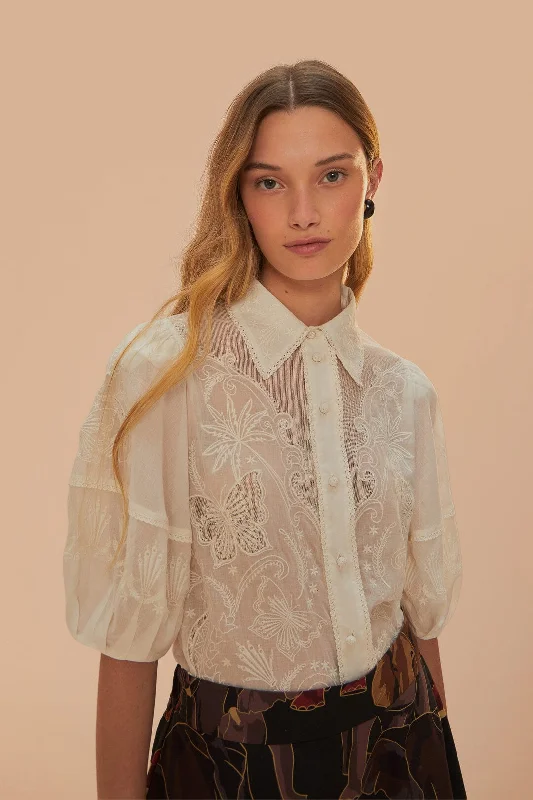 Evening Elegance White Embroidered Short Sleeve Blouse