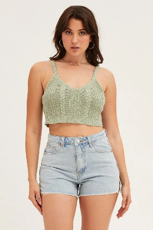 Women's High-Fashion Apparel Green Cable Crop Knit Top