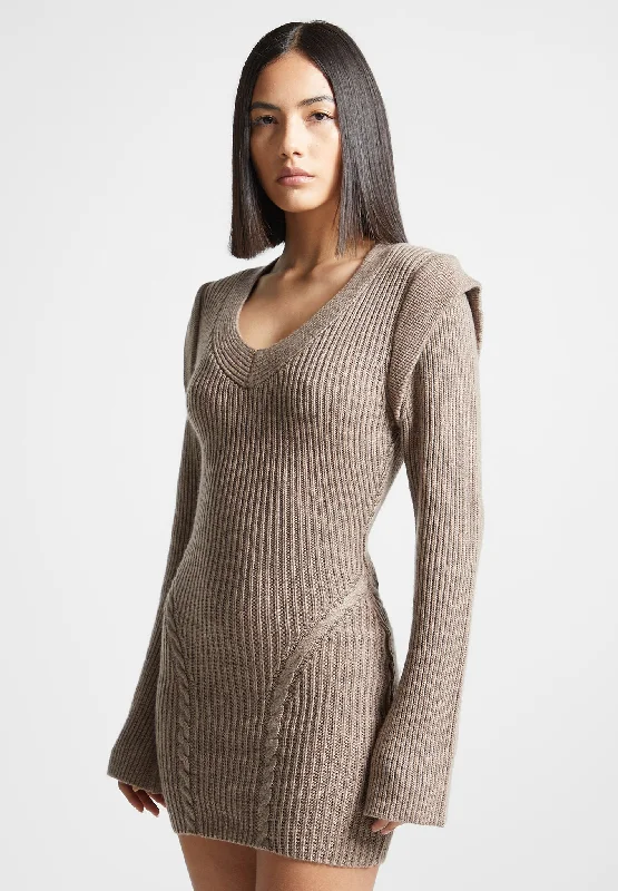 Women's Luxury Attire Wide Shoulder Knitted Contour Mini Dress - Taupe