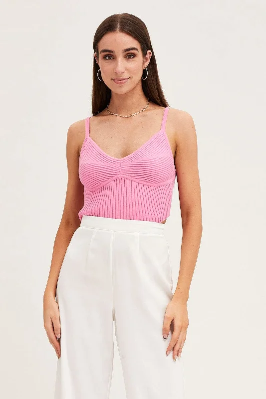 Women's Occasion Wear Apparel Pink Knit Top Sleeveless Ribbed