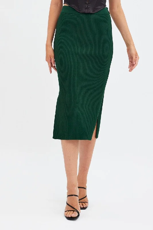 End of Season Sale Green Knit Skirt High Rise Midi