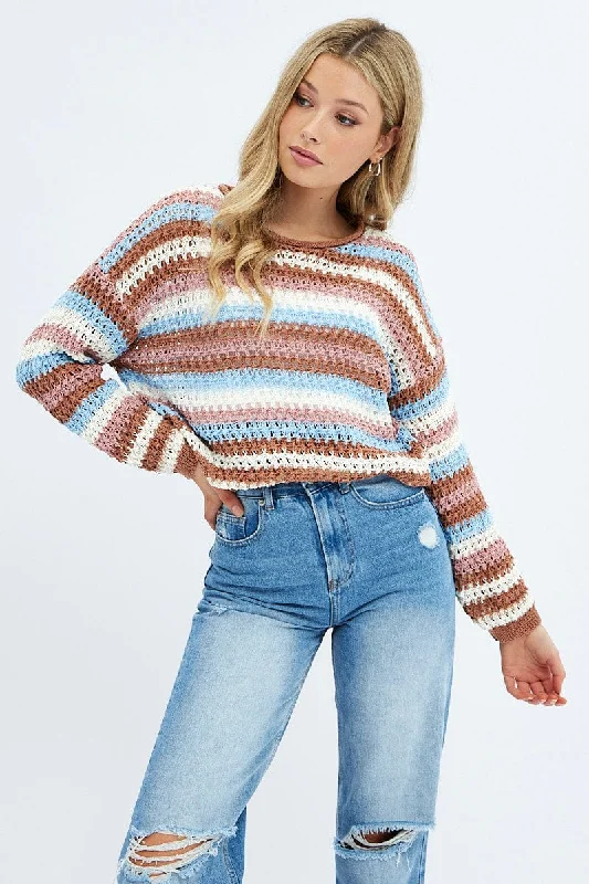 Earthy Tones Stripe Knit Top Long Sleeve Relaxed Crew Neck