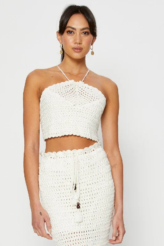 Clothes Of Woman White Knit Top Crop Crochet