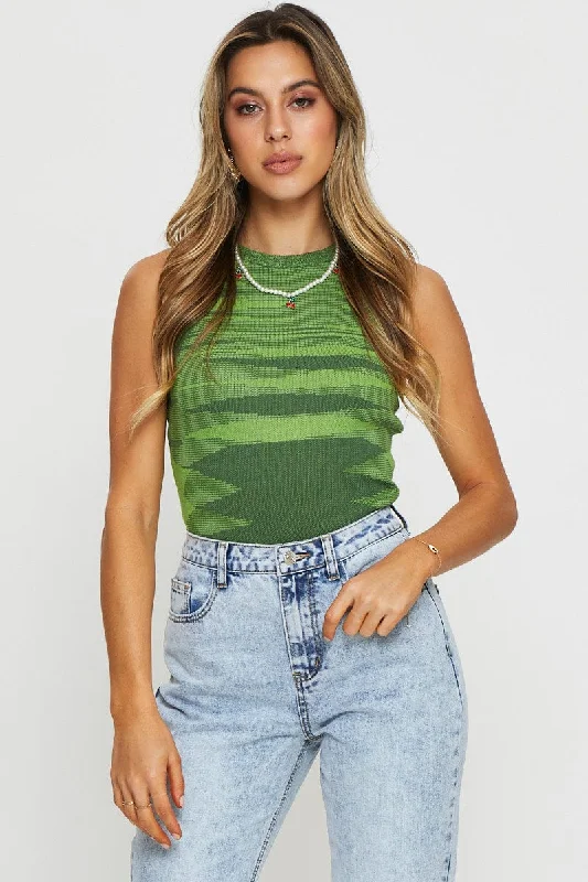 Women's High-Fashion Garments Green Knit Top