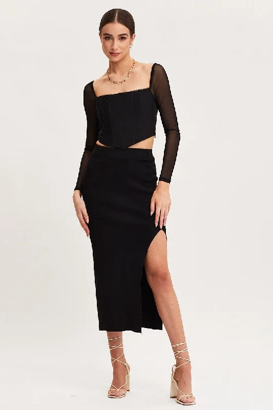 Women's Fashion Clothing Black Knit Skirt Midi High Rise