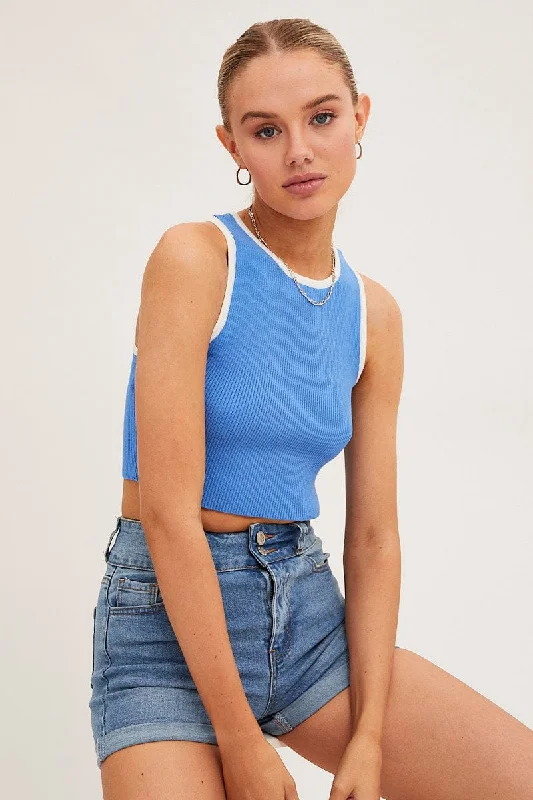 Weekend Sale Blue Knit Top Crop Sleeveless Round Neck