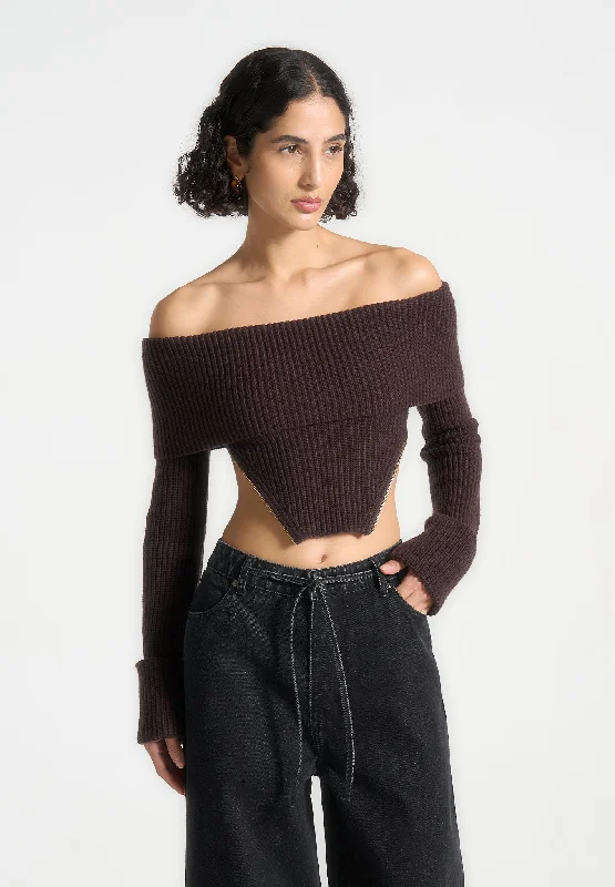 Women's Cozy Outfit For Lounging Zip Detail Knit Bandeau Top - Brown