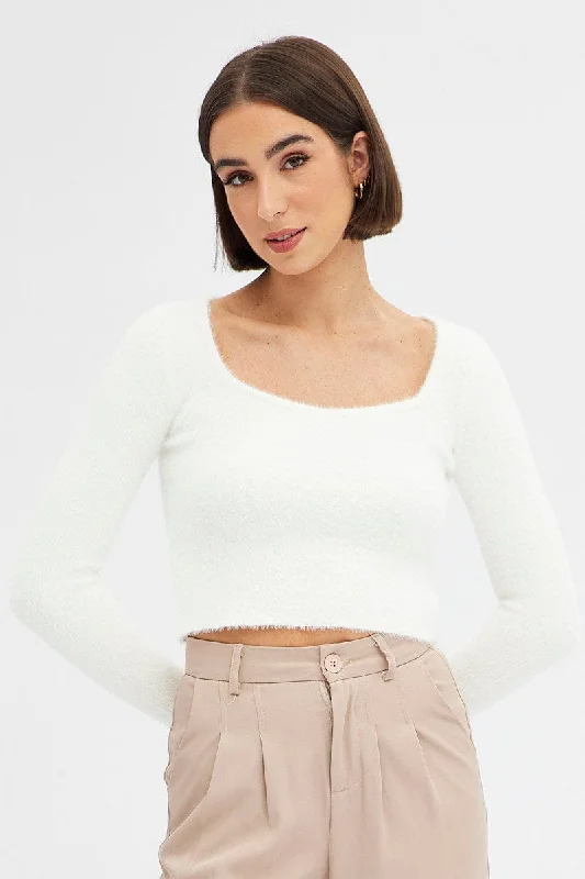 Women's Professional Apparel White Knit Top Long Sleeve Square Neck