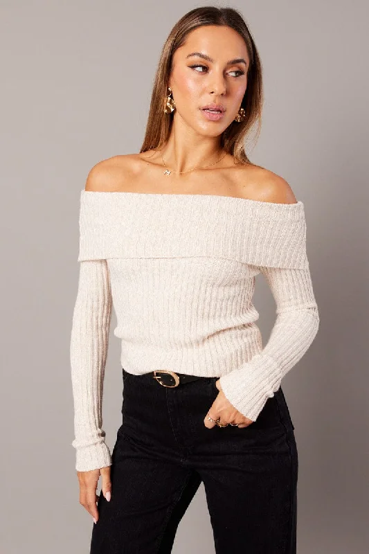 Stylish Women's Apparel Beige Knit Top Long Sleeve