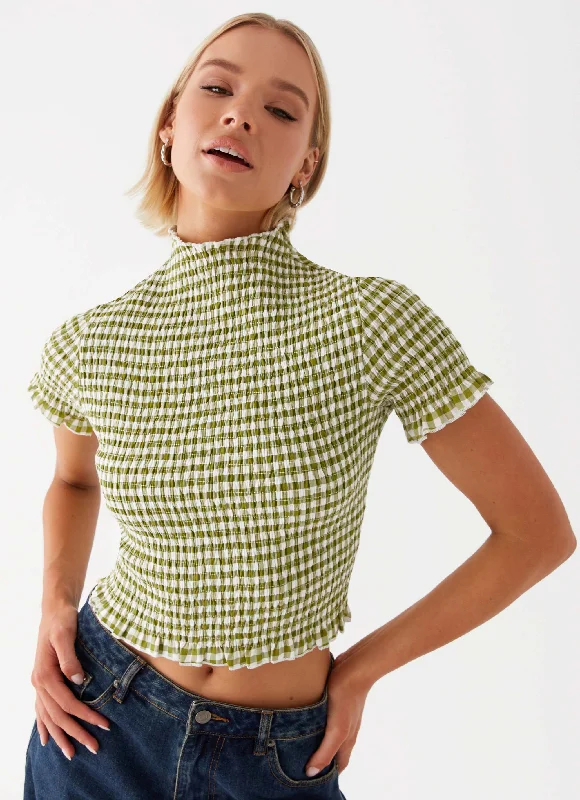 Minimalist Women's Fashion Clothing Cleo Tee - Khaki Gingham