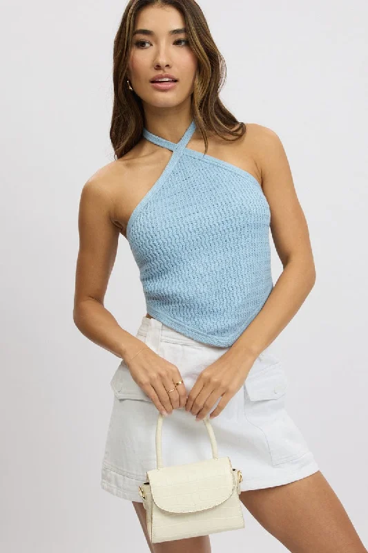 Women's High-Fashion Attire Blue Knit Top Halter Neck