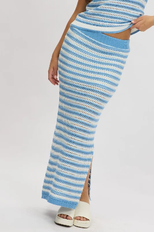 Women's Vintage Garments Blue Stripe Crochet Knit Skirt Elastic Waist Midi Lined