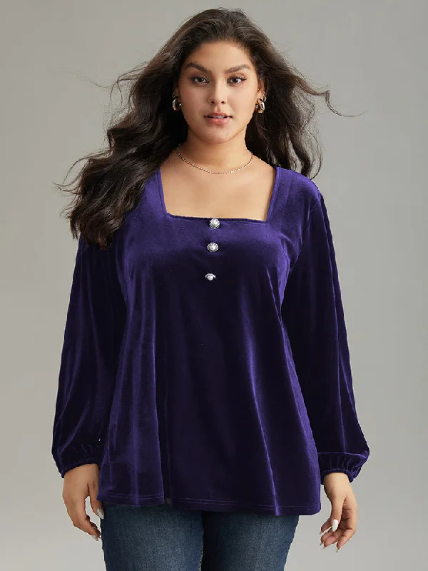 Women's Cozy Outfit For Lounging Velvet Metal Button Detail Blouse