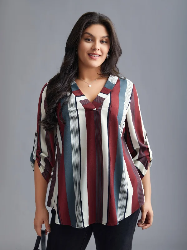 Versatile Women's Fashion Vertical Striped V-Neck Tab Sleeve Blouse