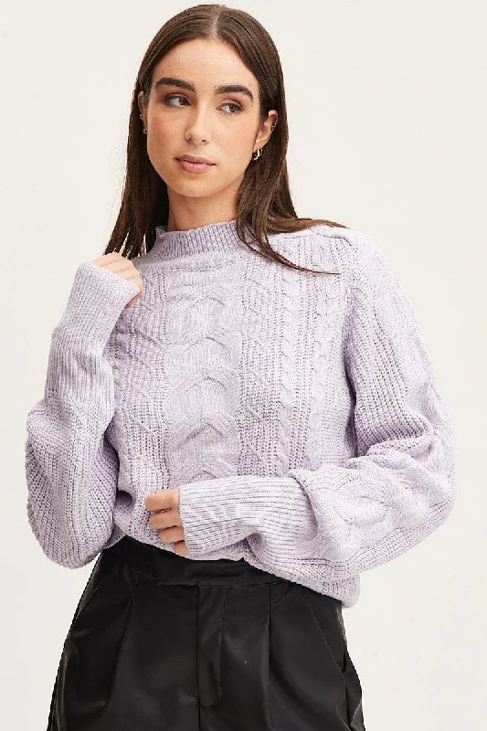 Clothing Store Purple Knit Top Long Sleeve Relaxed Turtleneck Cable