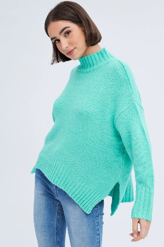 Women Fashion Green Knit Top Long Sleeve Oversized Turtleneck