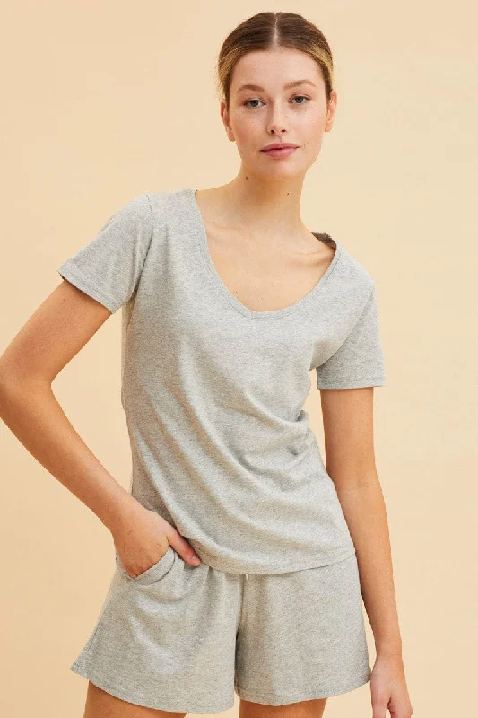 Women's Weekend Outfit Grey V Neck T-Shirt Cotton Regular Fit Cotton