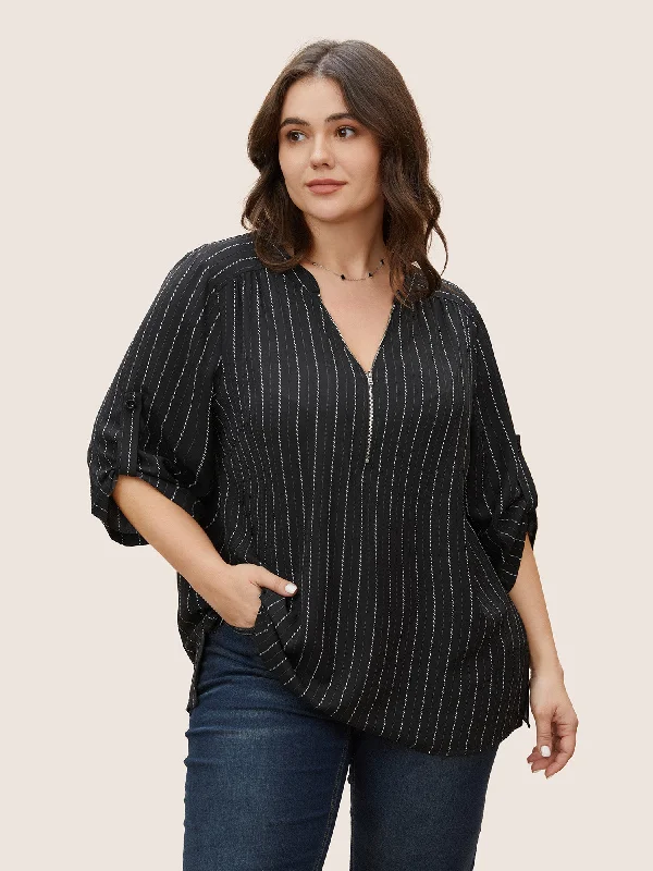 Day To Night Styles Striped Half Zip Tab Sleeve Blouse