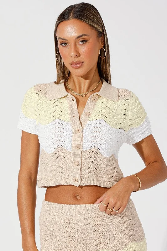 Limited Time Offer Beige Stripe Crochet Knit Top Collared