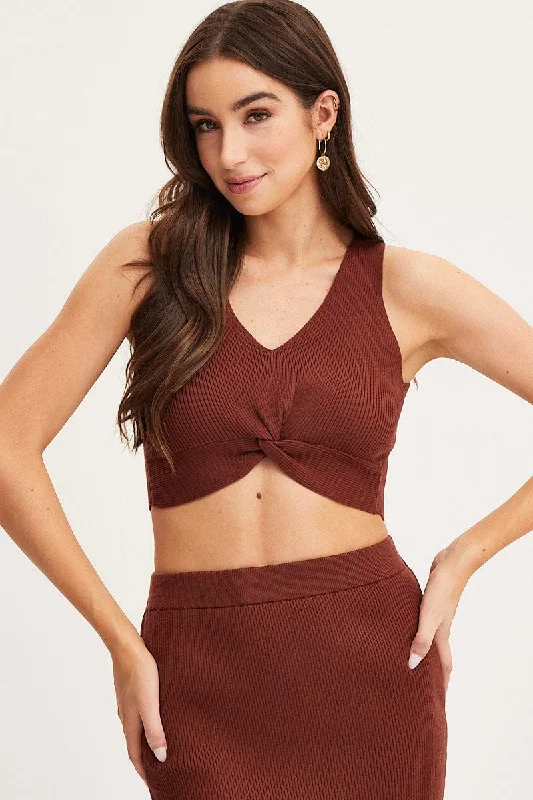 Women's Work Apparel Brown Knit Top Sleeveless Crop