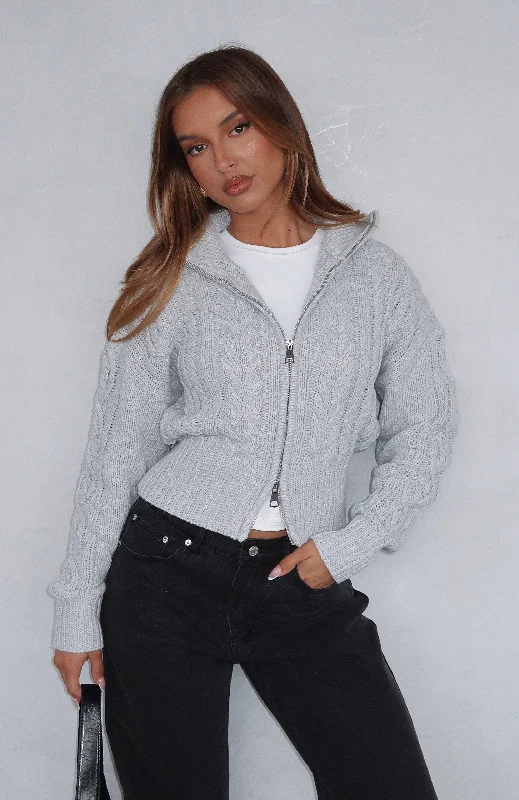 Women's Fashion Essentials All At Once Zip Front Knit Sweater Grey Marle