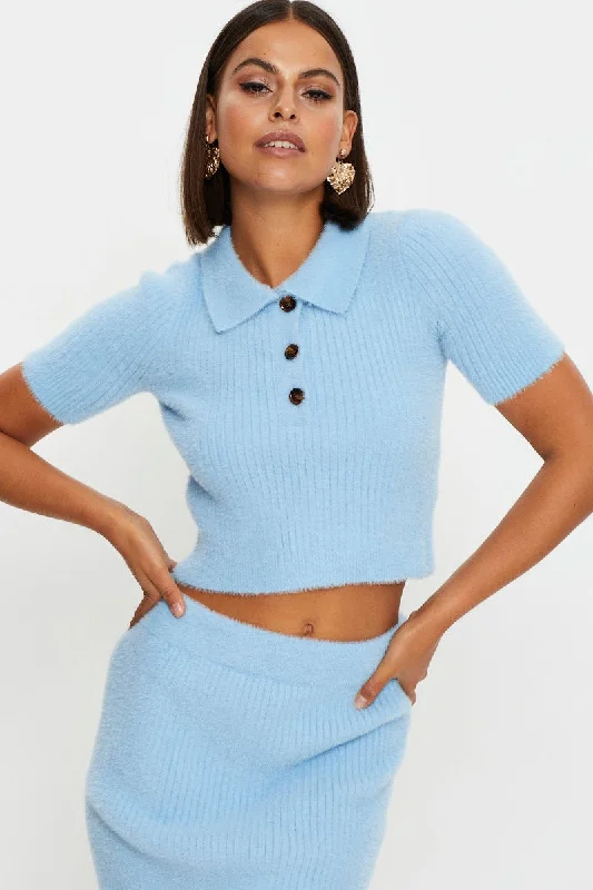 Best Online Boutiques For Women Blue Collar Crop Knit Top