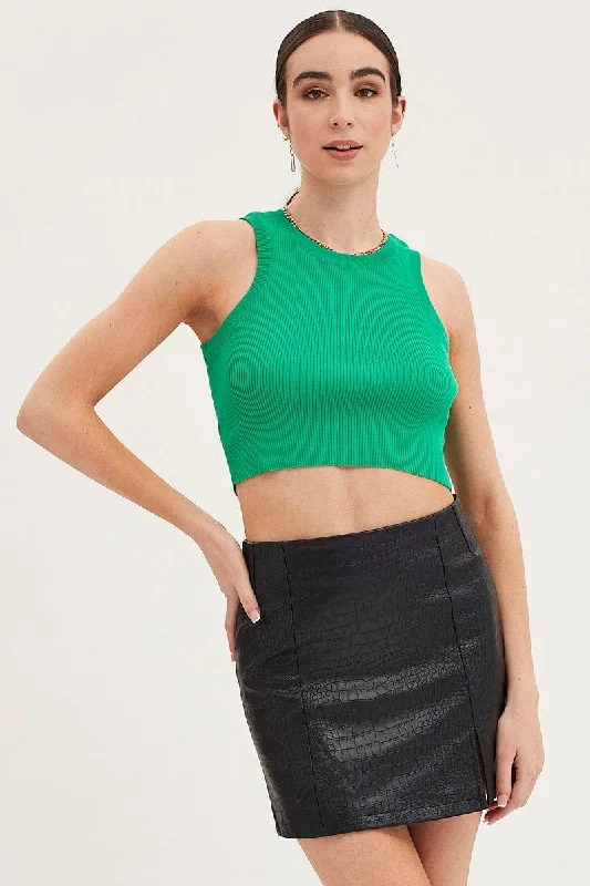 Women's Elegant Evening Attire Green Knit Top Sleeveless Crop