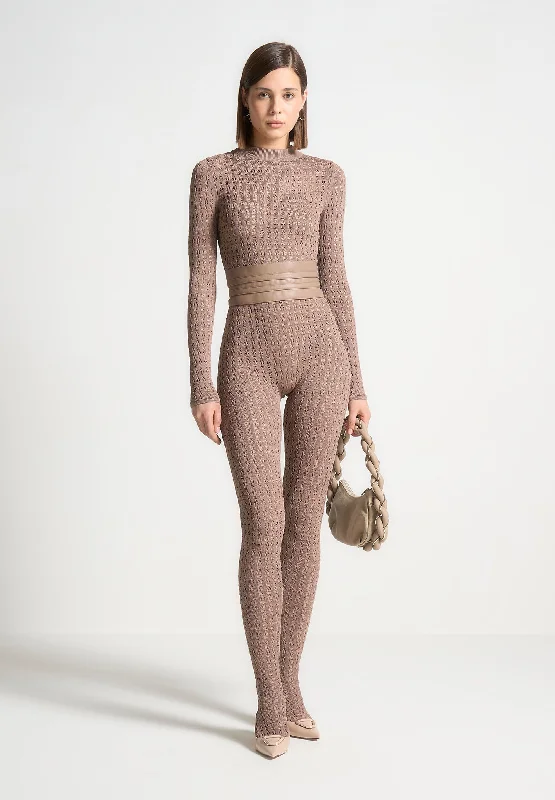 Women's Outerwear Attire Pointelle Knit Long Sleeve Jumpsuit with Belt - Taupe